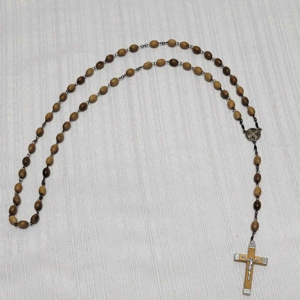 Vintage Jerusalem Olive Wood Rosary Terra Santa Holy Soil Relic Medal Crucifix